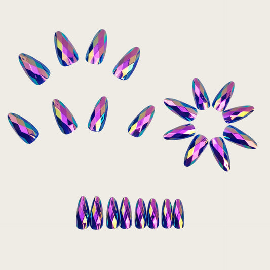 Purple-Tone 3D Multi-Faceted Diamond Electroplated Metallic Glossy Round Almond Press-On Nails