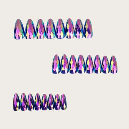 Purple-Tone 3D Multi-Faceted Diamond Electroplated Metallic Glossy Round Almond Press-On Nails