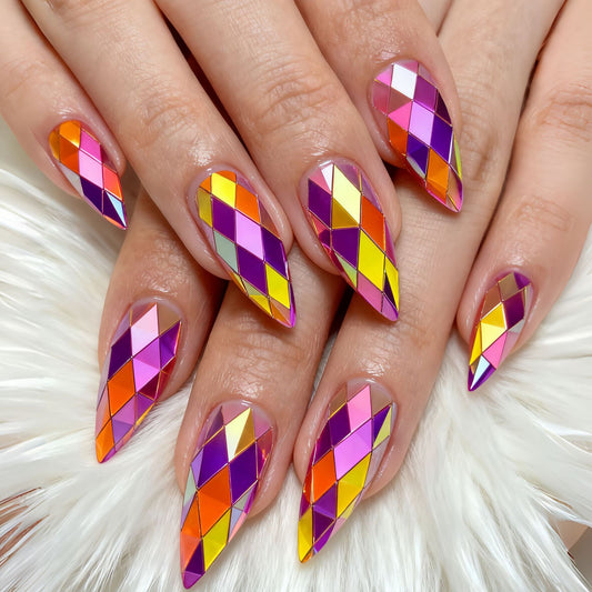 Multicolor 3D Multi-Faceted Diamond Electroplated Metallic Glossy Round Almond Press-On Nails