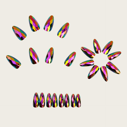 Multicolor 3D Multi-Faceted Diamond Electroplated Metallic Glossy Round Almond Press-On Nails