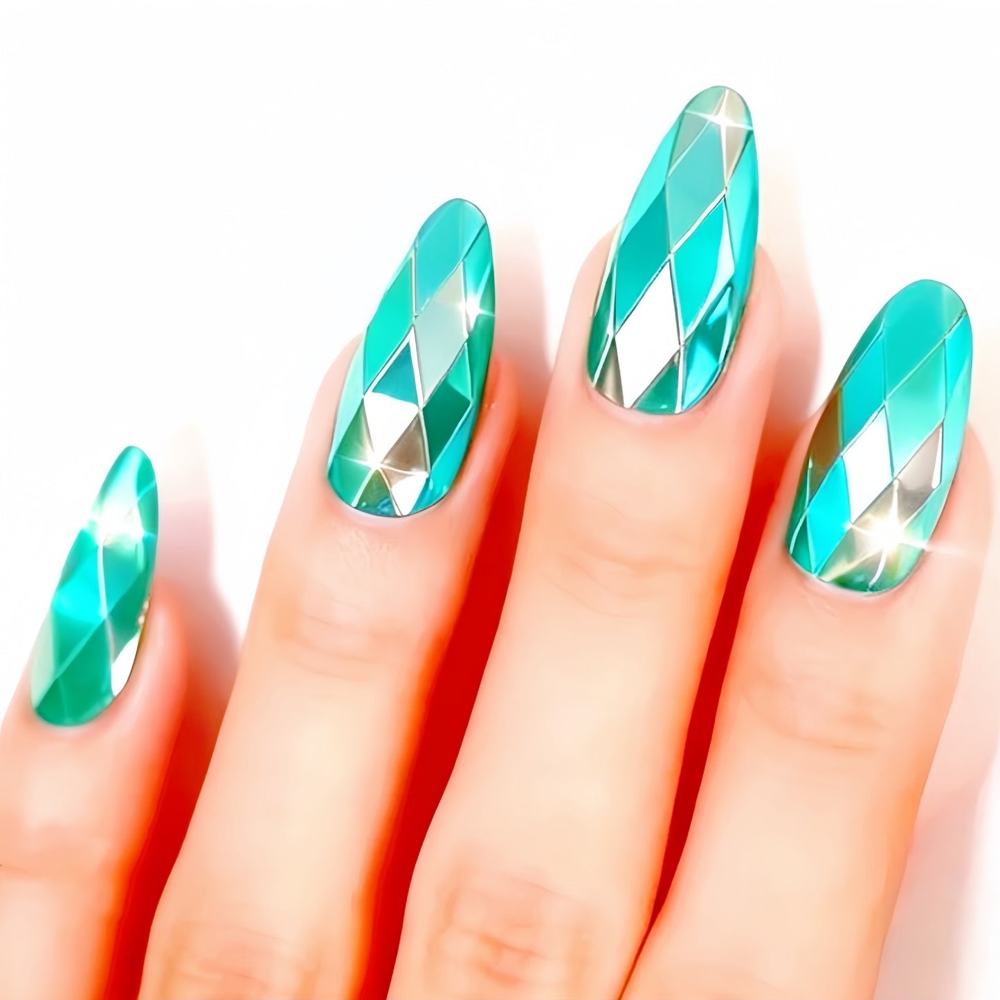 Light Blue 3D Multi-Faceted Diamond Electroplated Metallic Glossy Round Almond Press-On Nails