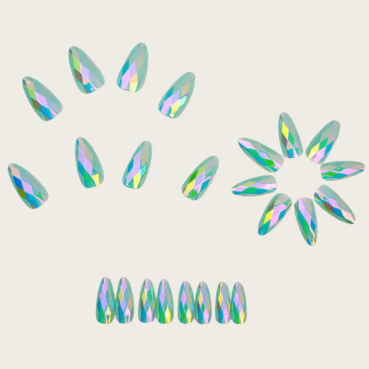 Light Blue 3D Multi-Faceted Diamond Electroplated Metallic Glossy Round Almond Press-On Nails