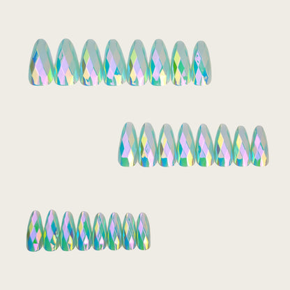 Light Blue 3D Multi-Faceted Diamond Electroplated Metallic Glossy Round Almond Press-On Nails
