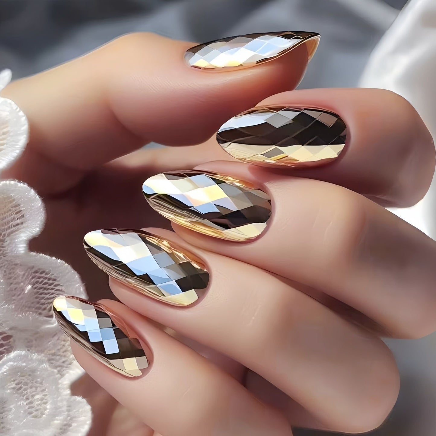 Pink-Tone 3D Multi-Faceted Diamond Electroplated Metallic Glossy Round Almond Press-On Nails