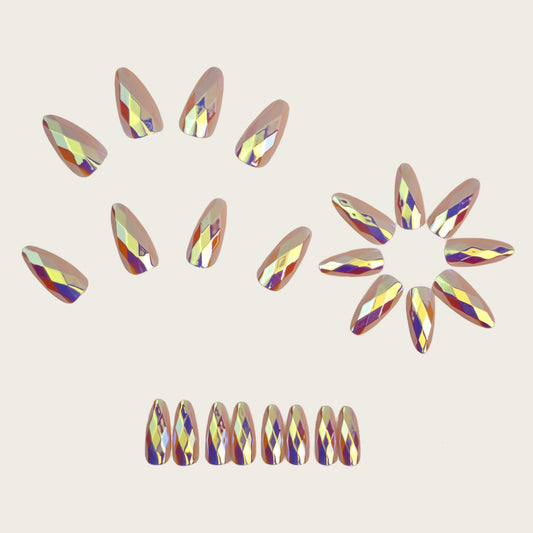Pink-Tone 3D Multi-Faceted Diamond Electroplated Metallic Glossy Round Almond Press-On Nails