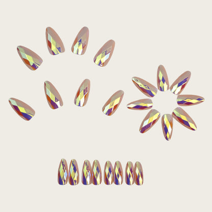 Pink-Tone 3D Multi-Faceted Diamond Electroplated Metallic Glossy Round Almond Press-On Nails