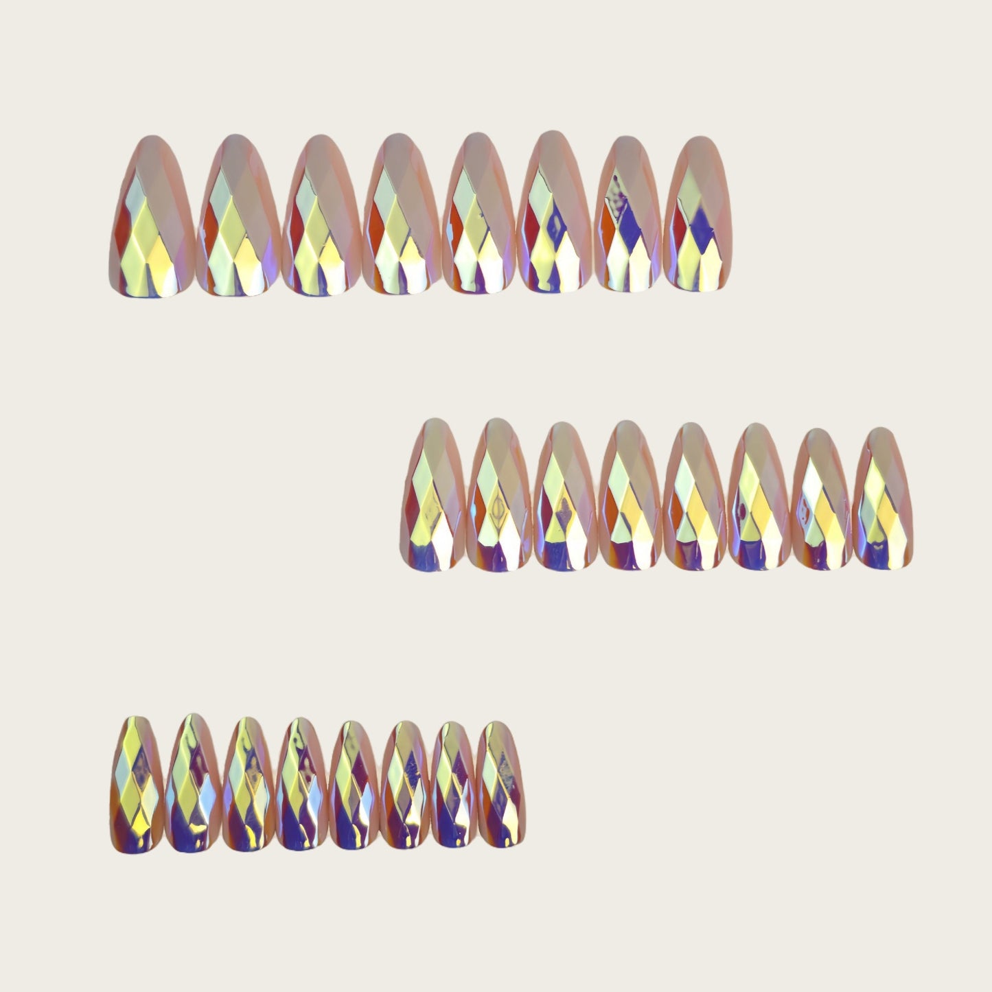 Pink-Tone 3D Multi-Faceted Diamond Electroplated Metallic Glossy Round Almond Press-On Nails