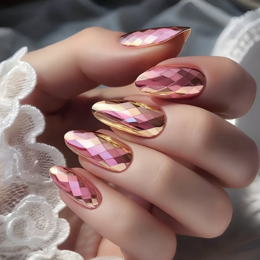 Pink-Tone 3D Multi-Faceted Diamond Electroplated Metallic Glossy Round Almond Press-On Nails