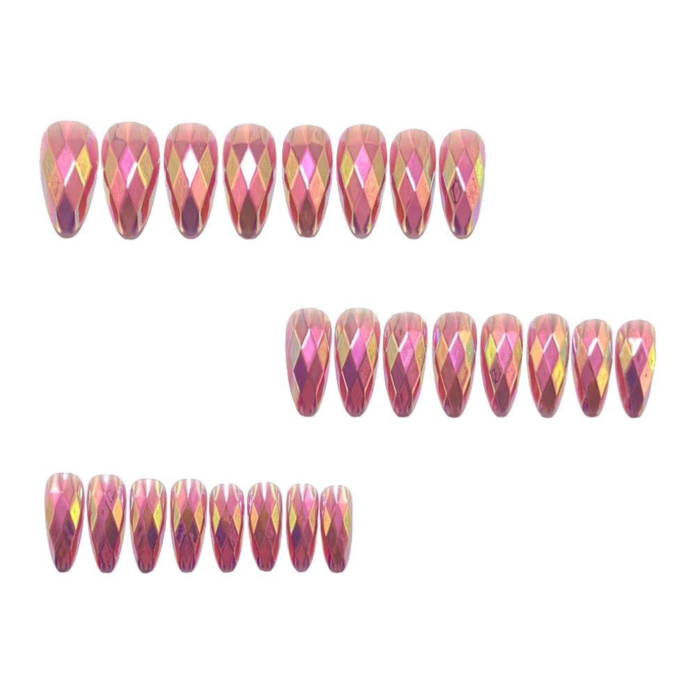 Pink-Tone 3D Multi-Faceted Diamond Electroplated Metallic Glossy Round Almond Press-On Nails