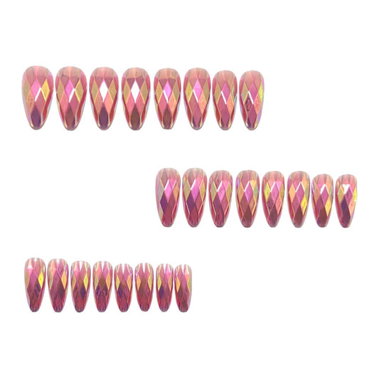 Pink-Tone 3D Multi-Faceted Diamond Electroplated Metallic Glossy Round Almond Press-On Nails