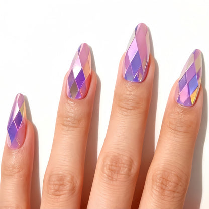 Light Purple 3D Multi-Faceted Diamond Electroplated Metallic Glossy Round Almond Press-On Nails