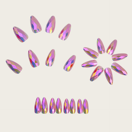 Light Purple 3D Multi-Faceted Diamond Electroplated Metallic Glossy Round Almond Press-On Nails