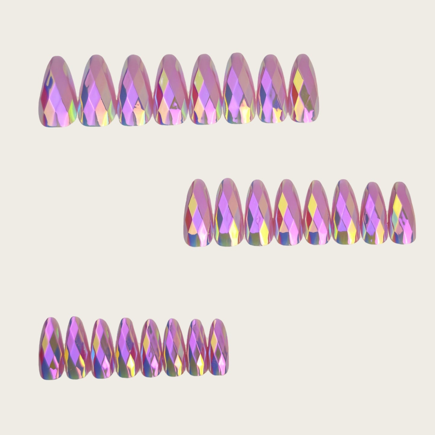 Light Purple 3D Multi-Faceted Diamond Electroplated Metallic Glossy Round Almond Press-On Nails