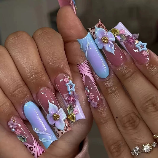 Hot-Selling Long Stiletto Press-On Nails with a Sweet & Cool Style, Blue Base, Cute Floral Design, and Gorgeous Crushed Rhinestone Star Accents