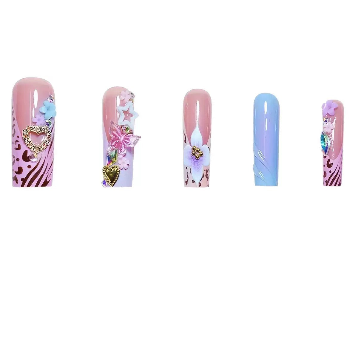 Hot-Selling Long Stiletto Press-On Nails with a Sweet & Cool Style, Blue Base, Cute Floral Design, and Gorgeous Crushed Rhinestone Star Accents