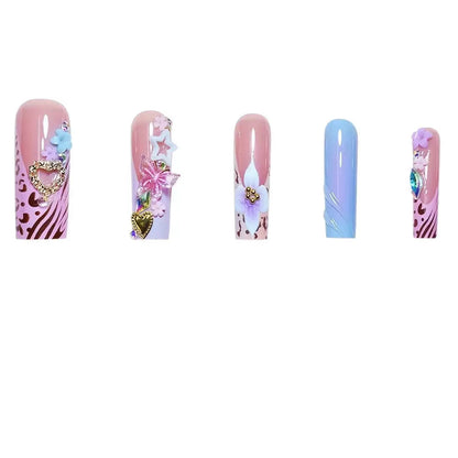 Hot-Selling Long Stiletto Press-On Nails with a Sweet & Cool Style, Blue Base, Cute Floral Design, and Gorgeous Crushed Rhinestone Star Accents