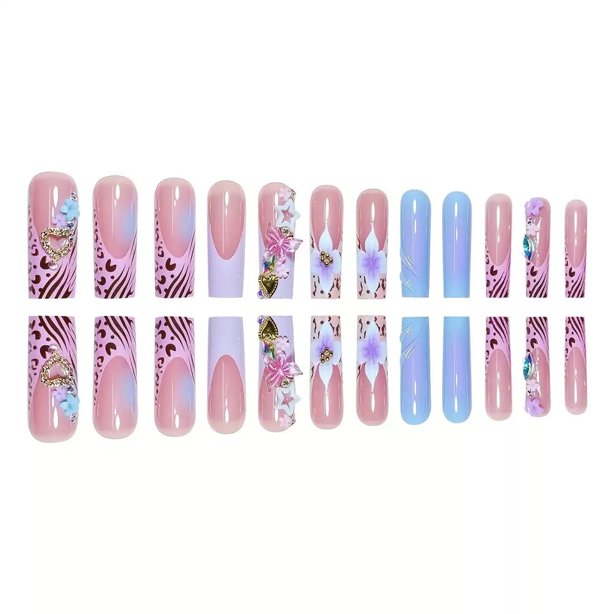 Hot-Selling Long Stiletto Press-On Nails with a Sweet & Cool Style, Blue Base, Cute Floral Design, and Gorgeous Crushed Rhinestone Star Accents