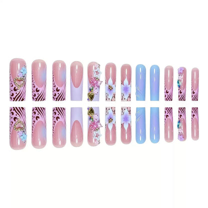 Hot-Selling Long Stiletto Press-On Nails with a Sweet & Cool Style, Blue Base, Cute Floral Design, and Gorgeous Crushed Rhinestone Star Accents