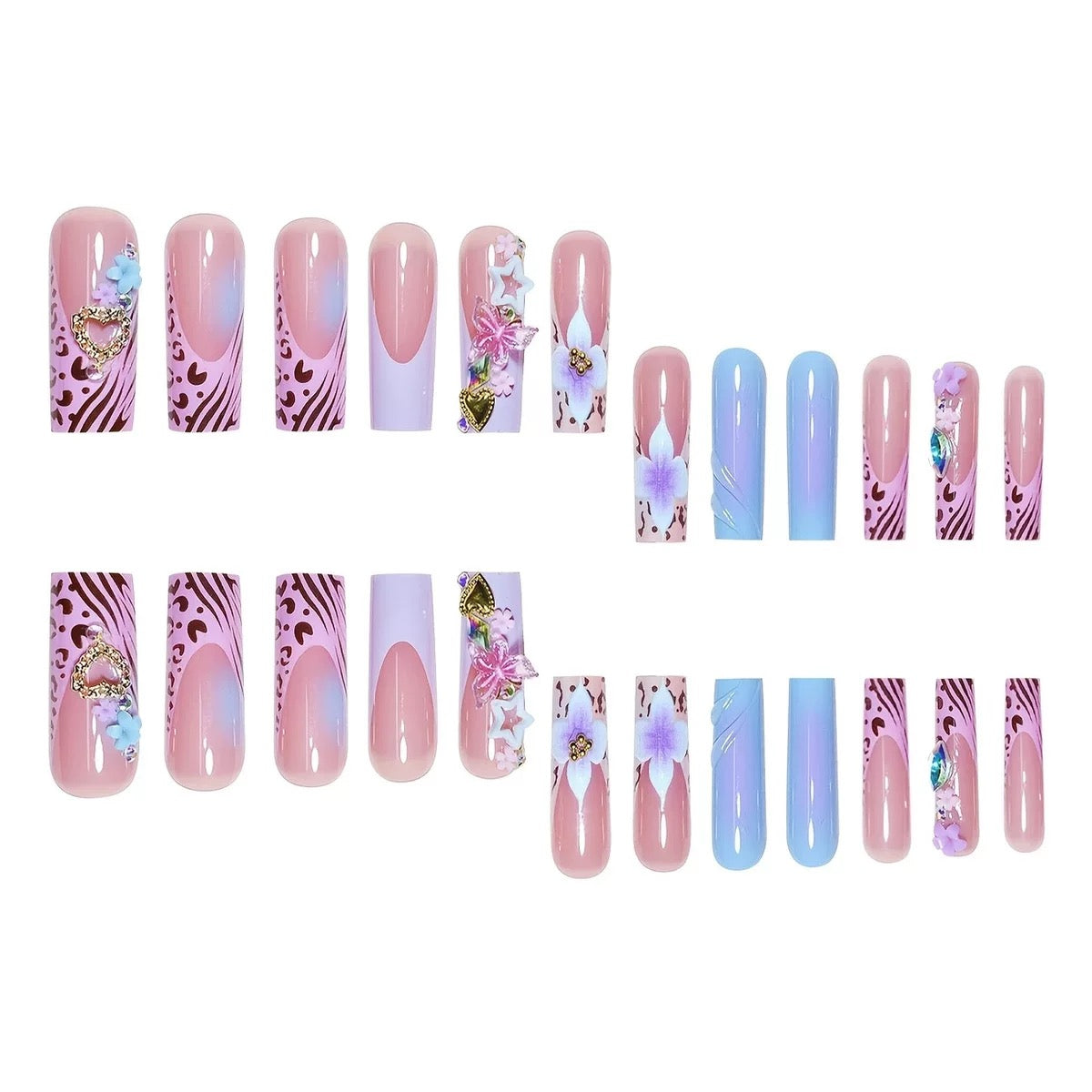 Hot-Selling Long Stiletto Press-On Nails with a Sweet & Cool Style, Blue Base, Cute Floral Design, and Gorgeous Crushed Rhinestone Star Accents