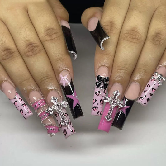 24-Piece Long Halloween Press-On Nails – Leopard Print Cross & Bow Design