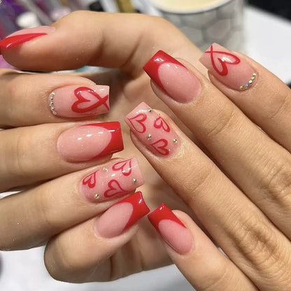 Valentine’s Day Red Heart Rhinestone French Square Press-On Nails