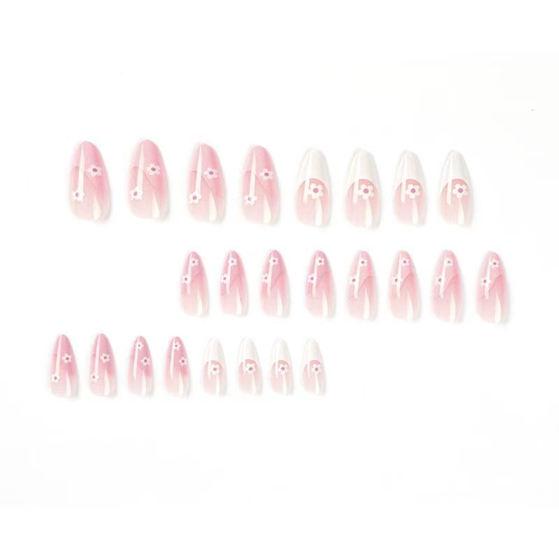 French Pink-Edged Small Flower Ready-Made Nail Tips Press-On Nails