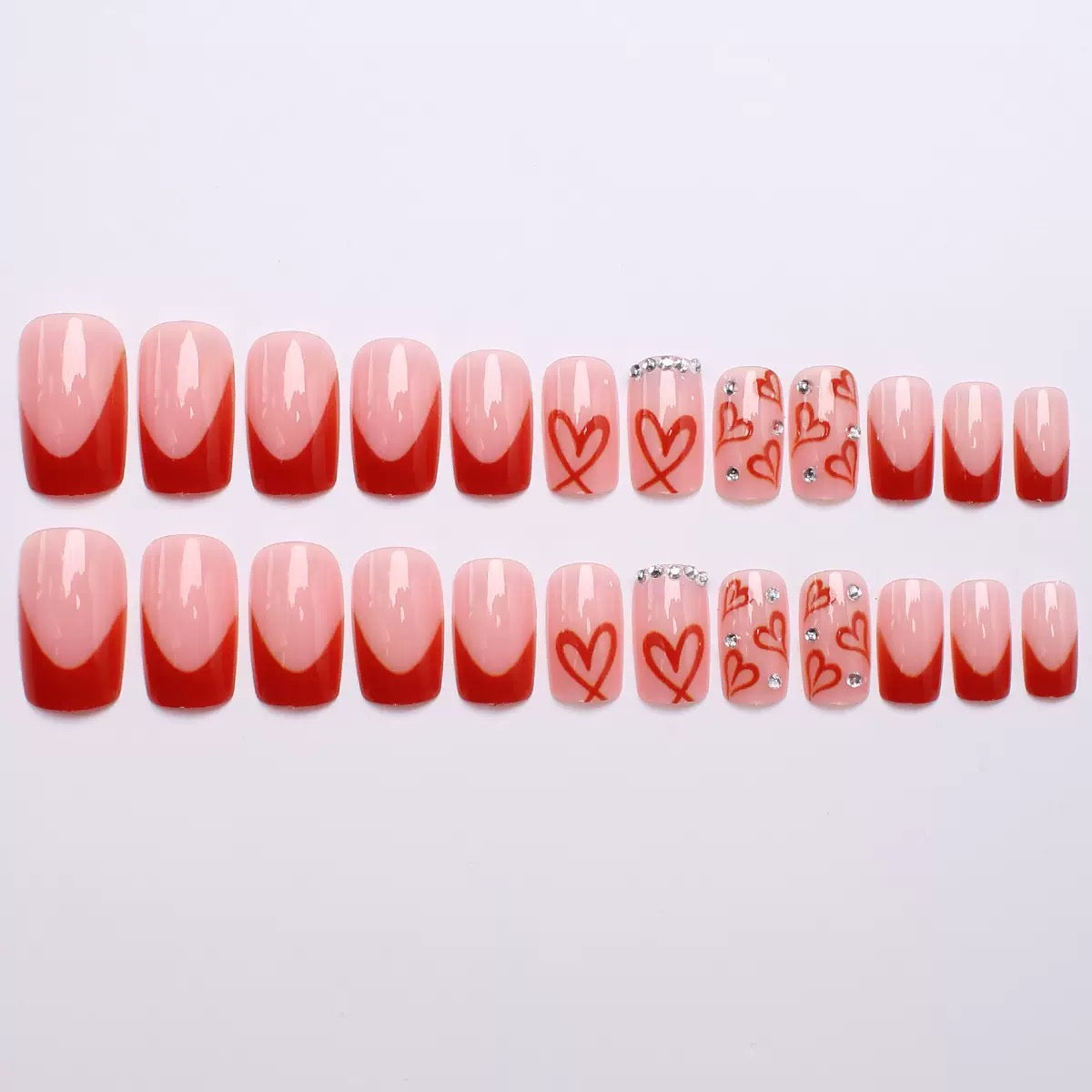 Valentine’s Day Red Heart Rhinestone French Square Press-On Nails