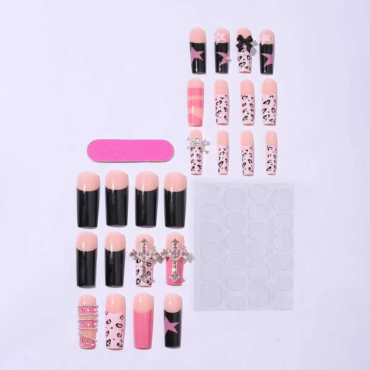 24-Piece Long Halloween Press-On Nails – Leopard Print Cross & Bow Design