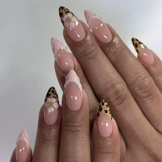 Sweet & Cool Leopard Print Press-On Nails with 3D Floral Design