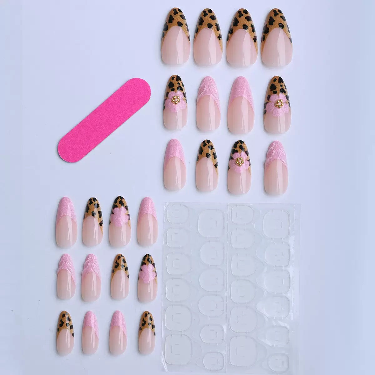 Sweet & Cool Leopard Print Press-On Nails with 3D Floral Design