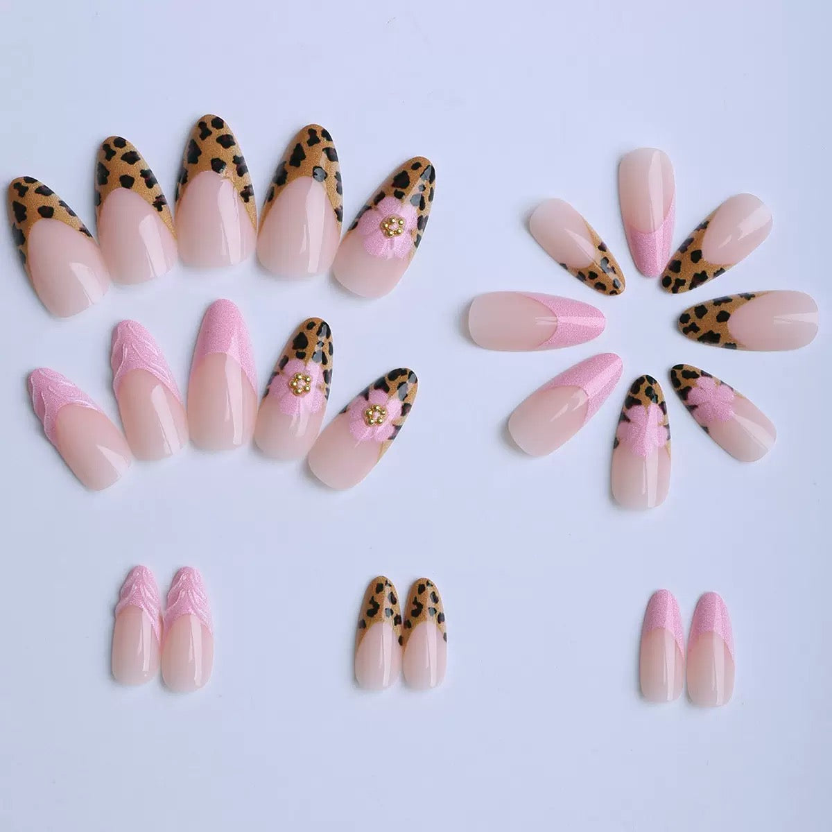 Sweet & Cool Leopard Print Press-On Nails with 3D Floral Design