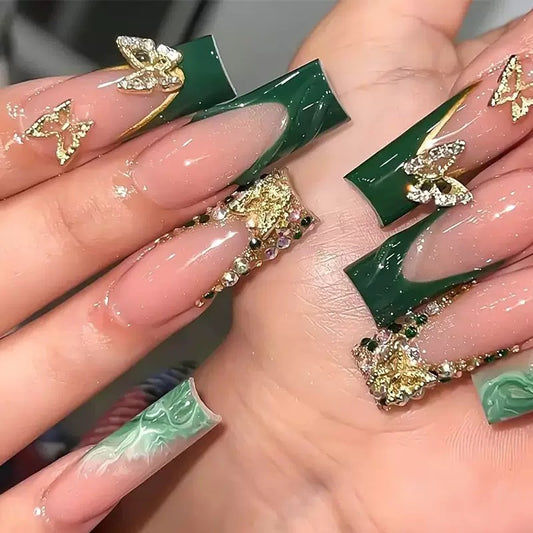 Ultra-Sparkling Rhinestone Press-On Nails with Metallic Butterfly — High-Quality Press-On Nail Set