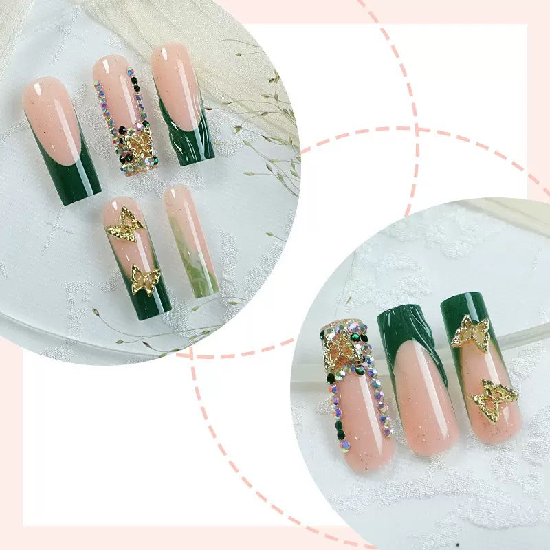 Ultra-Sparkling Rhinestone Press-On Nails with Metallic Butterfly — High-Quality Press-On Nail Set