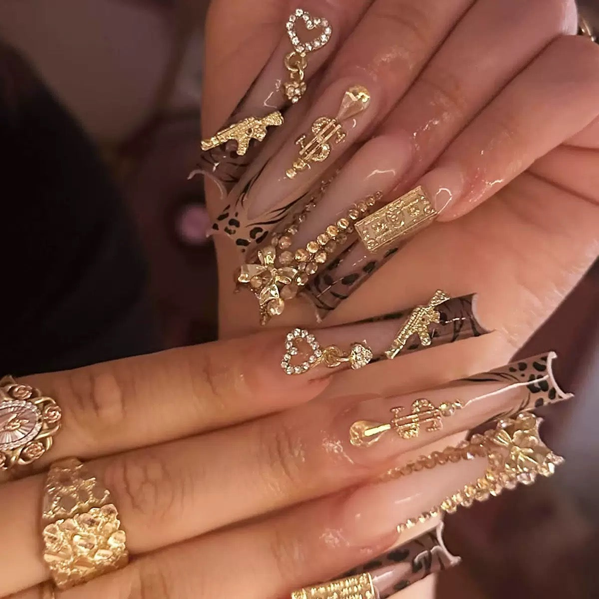 Best-Selling Long Tube Press-On Nails with Elaborate Bow, Gold Rhinestone Accents, and Leopard Print — Long Press-On Nail Set