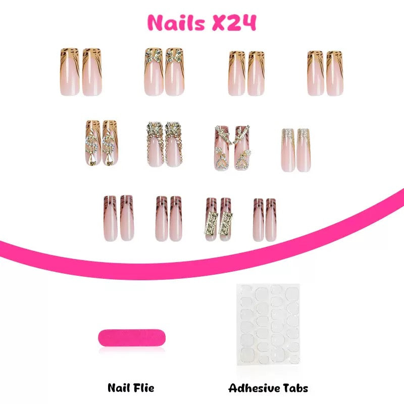 Best-Selling Long Tube Press-On Nails with Elaborate Bow, Gold Rhinestone Accents, and Leopard Print — Long Press-On Nail Set