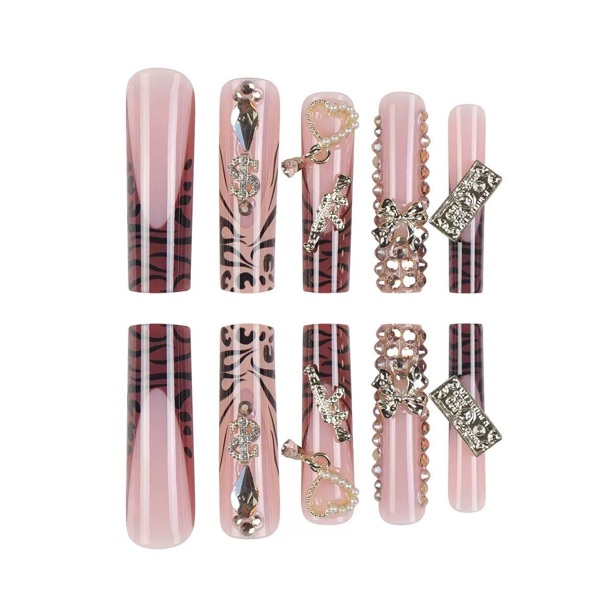 Elaborate Alloy Bow Press-On Nails with Gold Rhinestones, Leopard Print, and Long Tube Shape