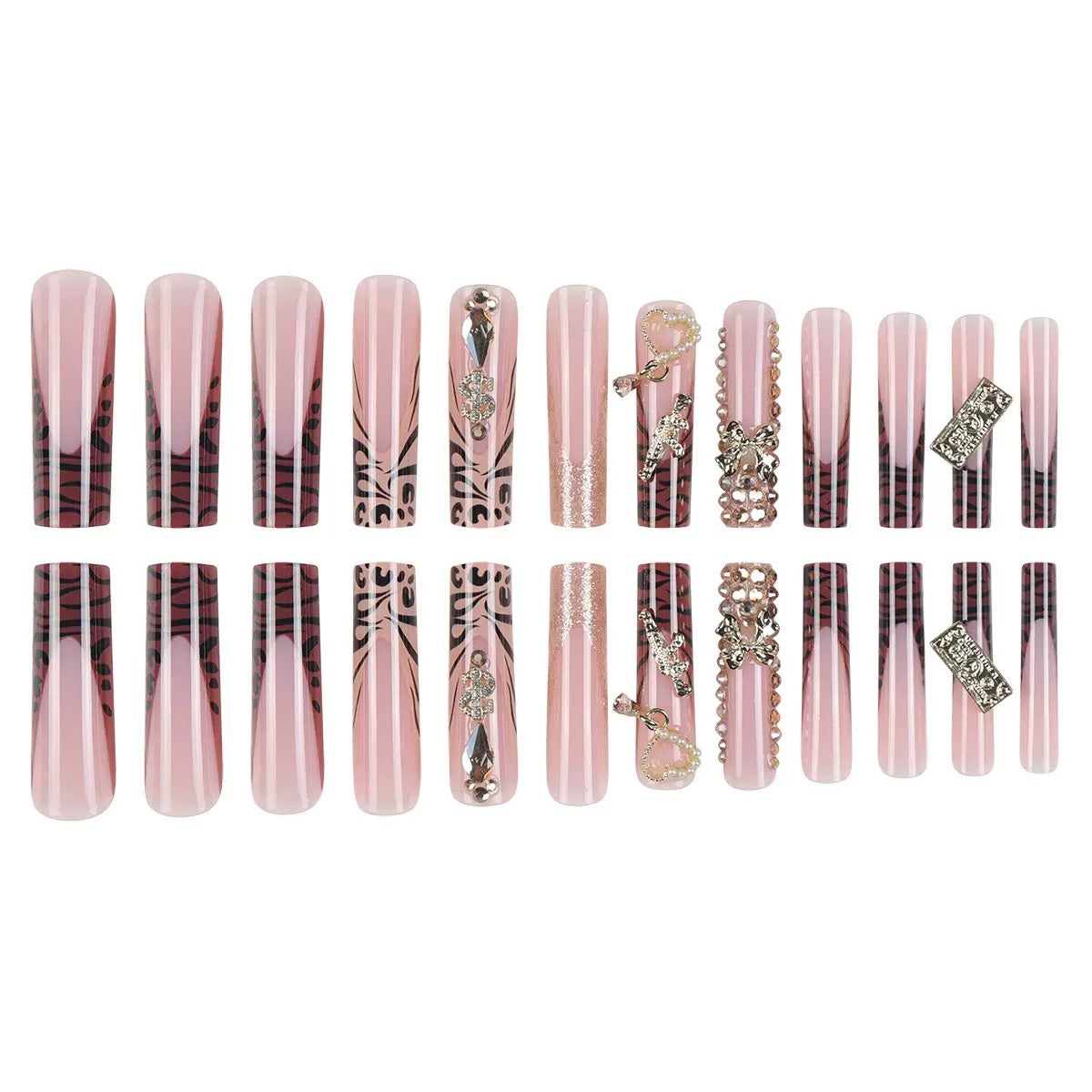 Elaborate Alloy Bow Press-On Nails with Gold Rhinestones, Leopard Print, and Long Tube Shape