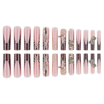 Elaborate Alloy Bow Press-On Nails with Gold Rhinestones, Leopard Print, and Long Tube Shape