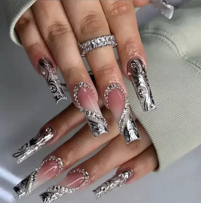 Black French Long Square Press-On Nails with 3D Heart and Rhinestone Accents