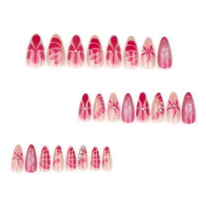 Rose Red 3D Floral Almond Press-On Nails with Rhinestones — Pure & Elegant Style