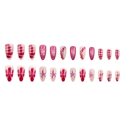 Rose Red 3D Floral Almond Press-On Nails with Rhinestones — Pure & Elegant Style