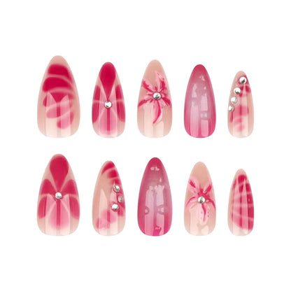 Rose Red 3D Floral Almond Press-On Nails with Rhinestones — Pure & Elegant Style