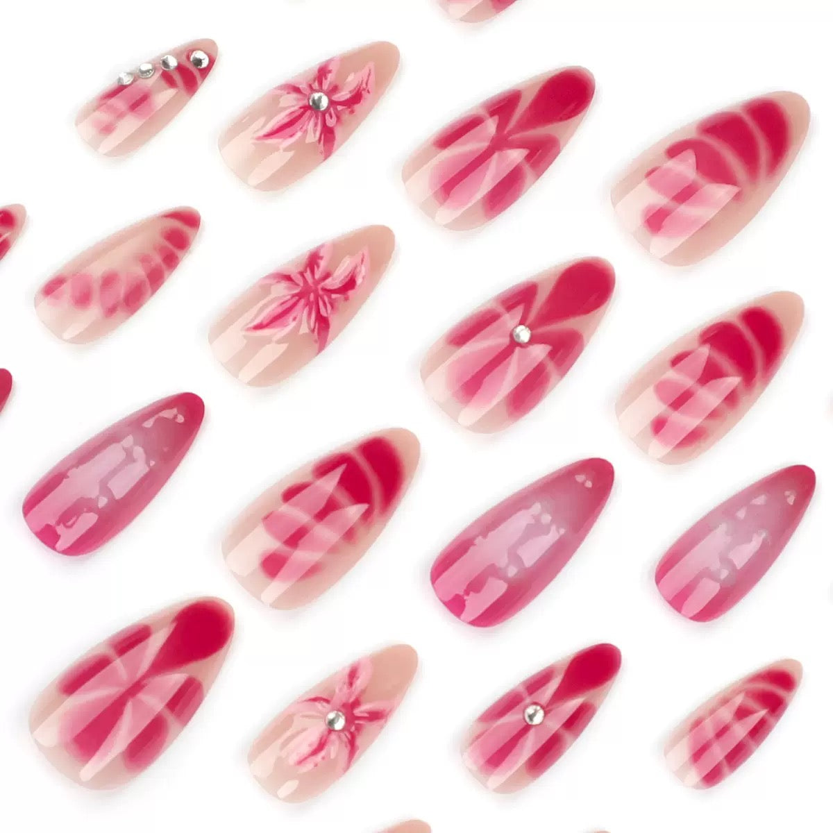 Rose Red 3D Floral Almond Press-On Nails with Rhinestones — Pure & Elegant Style