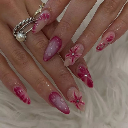 Rose Red 3D Floral Almond Press-On Nails with Rhinestones — Pure & Elegant Style