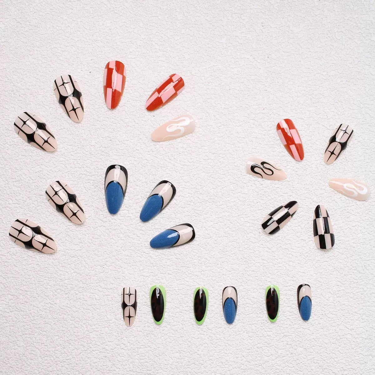 Pure & Elegant Mismatched Black-and-White Wavy Striped Almond Press-On Nails — Sexy It-Girl Style