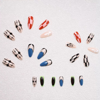 Pure & Elegant Mismatched Black-and-White Wavy Striped Almond Press-On Nails — Sexy It-Girl Style