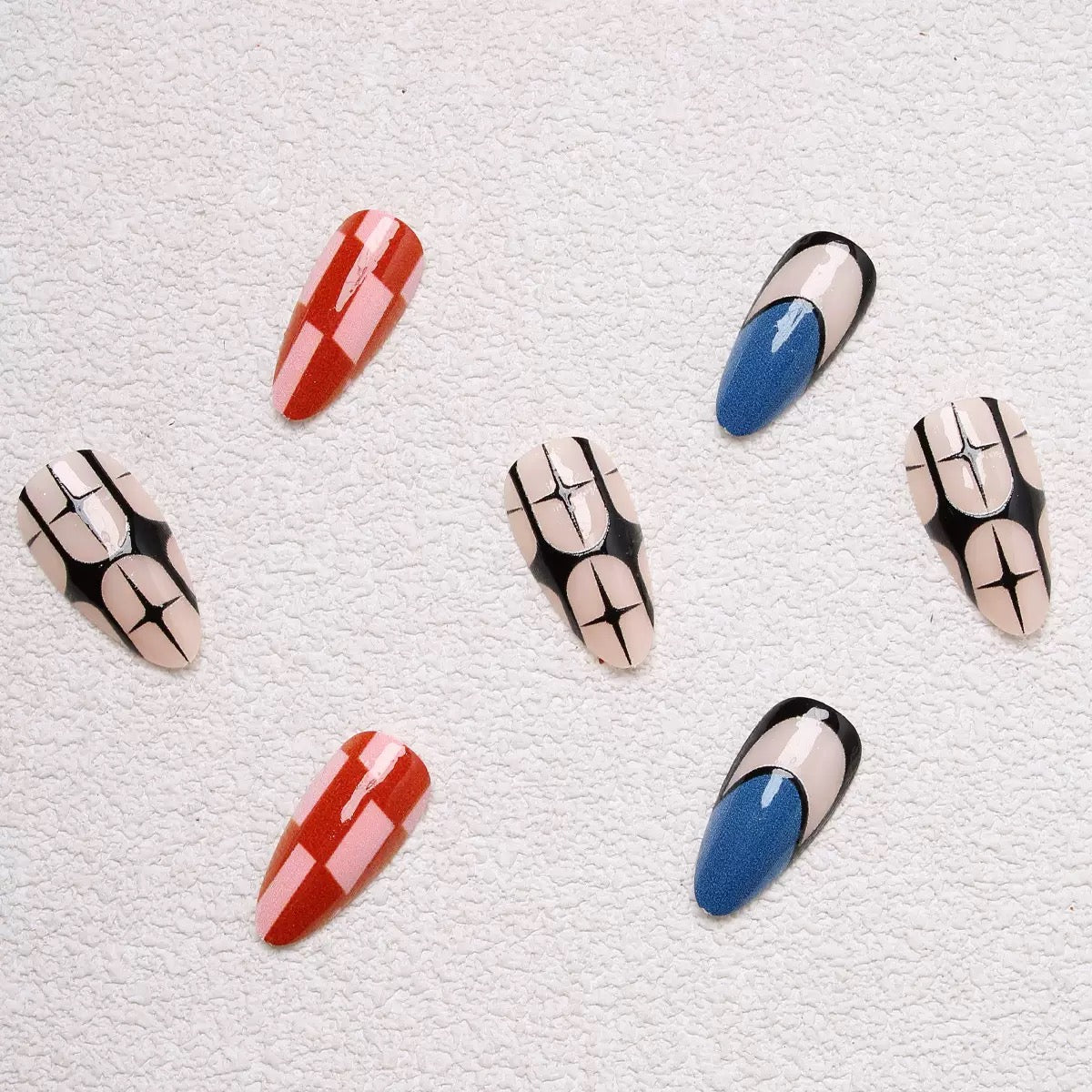 Pure & Elegant Mismatched Black-and-White Wavy Striped Almond Press-On Nails — Sexy It-Girl Style