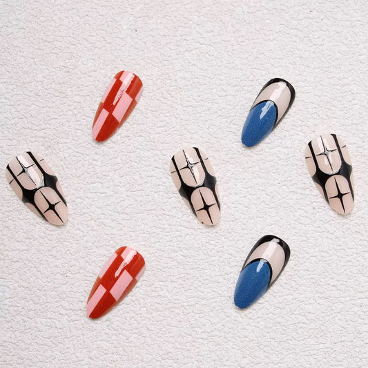 Pure & Elegant Mismatched Black-and-White Wavy Striped Almond Press-On Nails — Sexy It-Girl Style