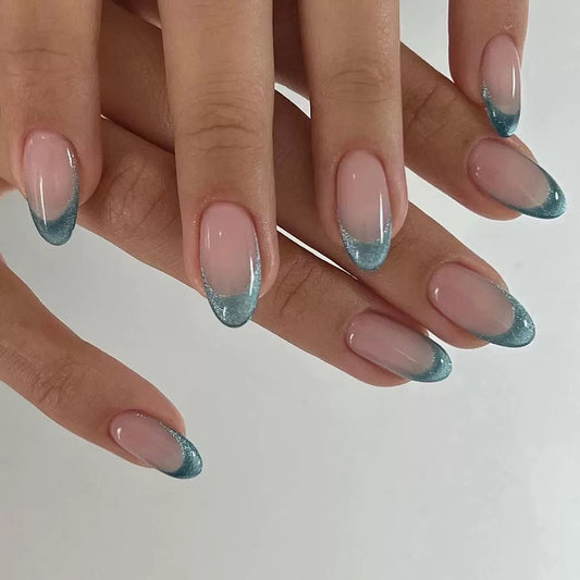 Simple French Luxury Green Cat-Eye Almond Press-On Nails