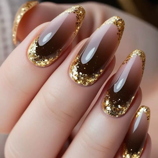 Trendy Glam Girl Gradient Gold Glitter Long Almond Press-On Nails